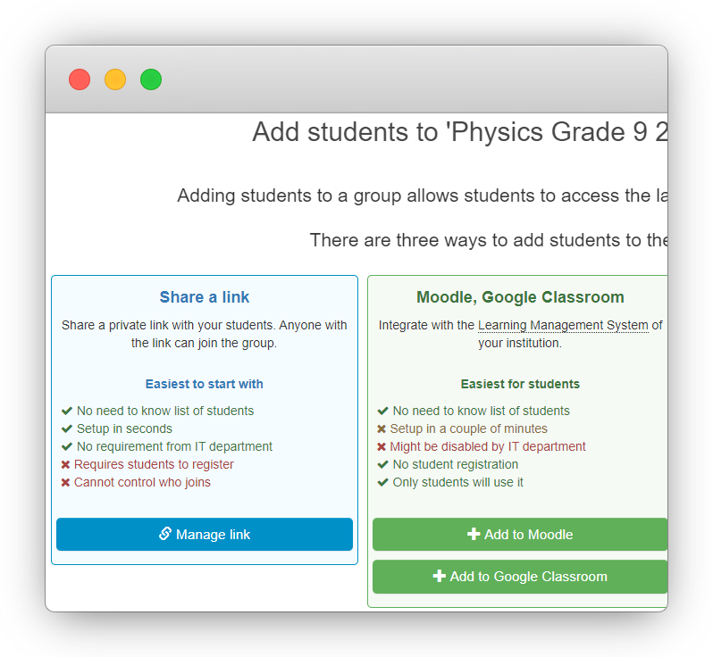 LabsLand add students screen with options for managing a link or platform integrations
