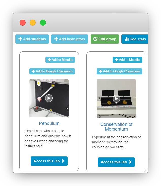 LabsLand group with laboratories assigned and student access actions available