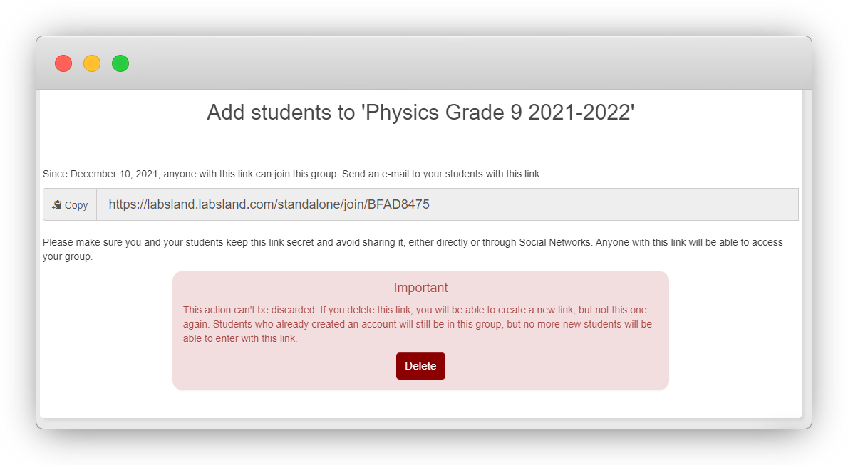 LabsLand screen showing a student access link ready to copy and share