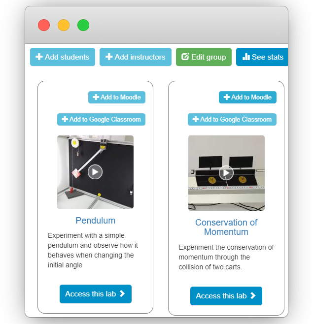 LabsLand group card with buttons for adding a laboratory to Moodle or Google Classroom