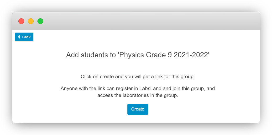 LabsLand confirmation screen for creating a student access link