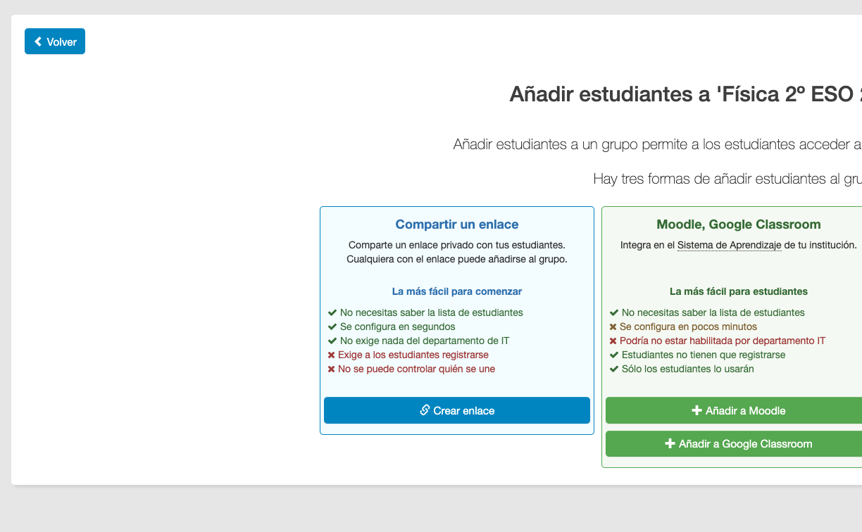 Pantalla LabsLand de añadir estudiantes con opciones para gestionar un enlace o integraciones de plataformas