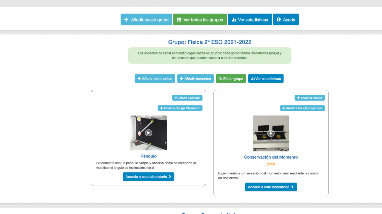 Grupo LabsLand con laboratorios asignados y acciones de acceso de estudiantes disponibles
