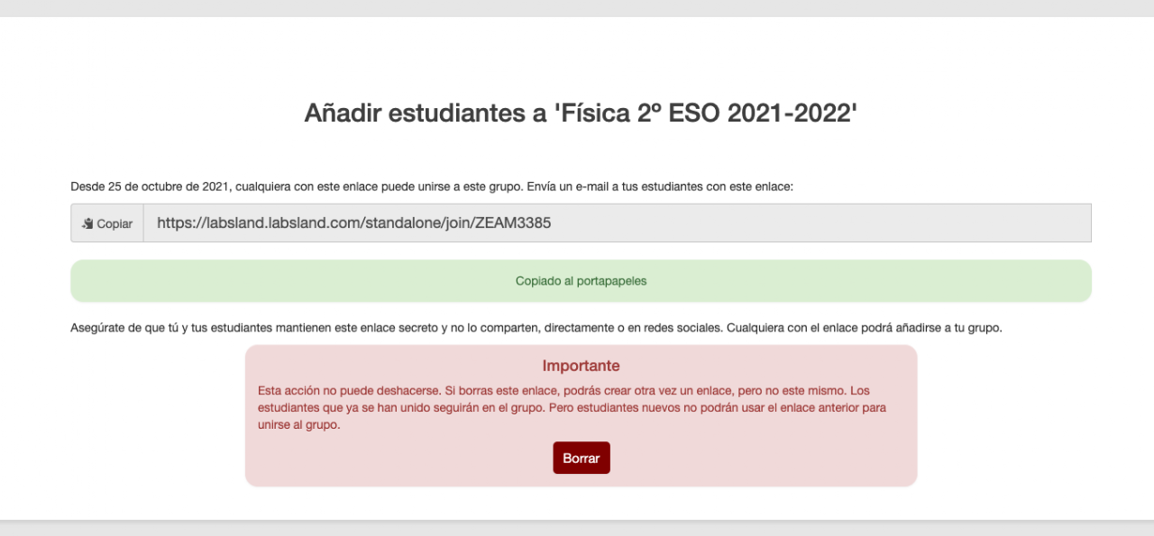 LabsLand pantalla que muestra un enlace de acceso para estudiantes listo para copiar y compartir