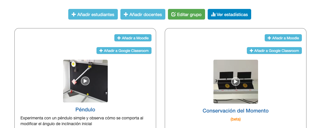 Tarjeta de grupo de LabsLand con botones para añadir un laboratorio a Moodle o Google Classroom