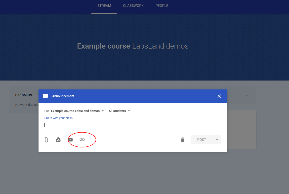 Google Classroom assignment dialog with the link button highlighted