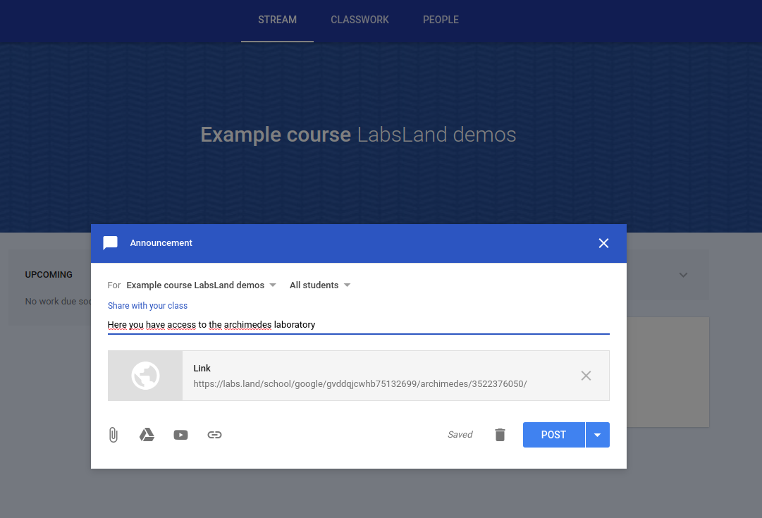 Google Classroom link pasted into an announcement or assignment