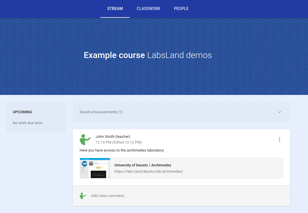 Google Classroom stream with a published LabsLand activity