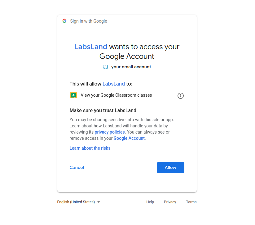 Google account permission screen requesting access to the Classroom account