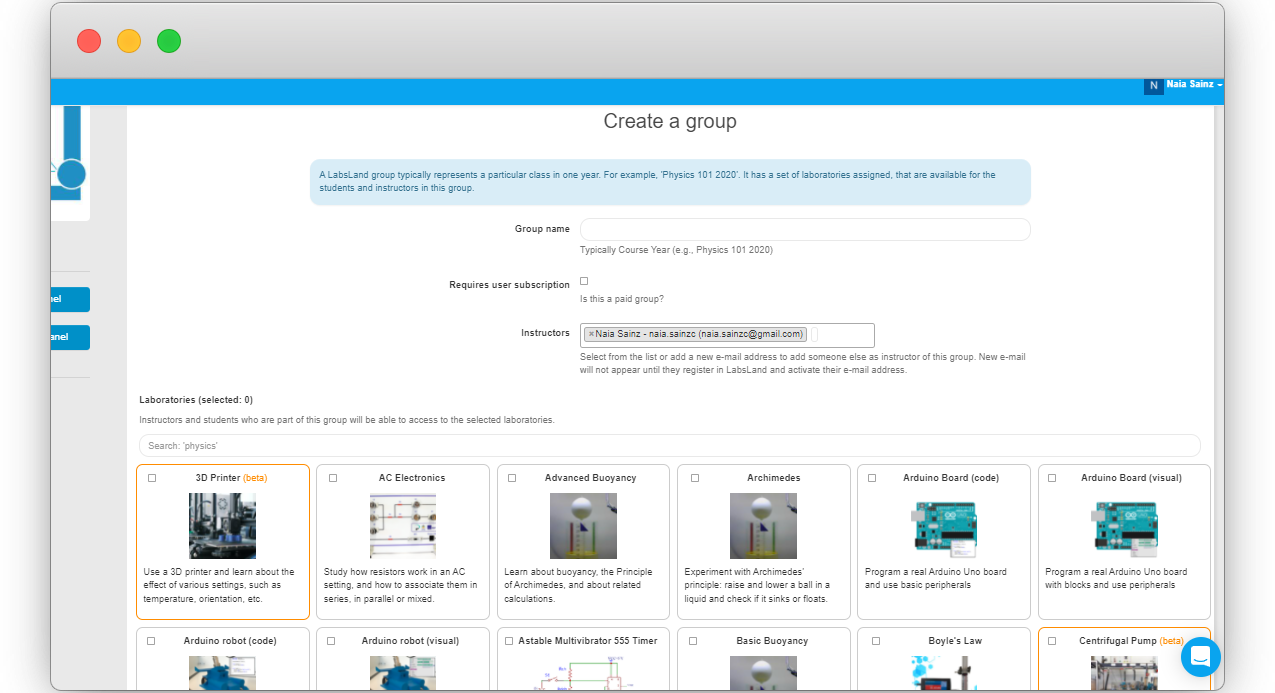LabsLand group creation screen with name, instructor, and laboratory assignment areas